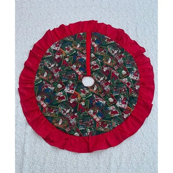 Vintage Handmade Holiday Christmas Tree Skirt Santa Claus Ruffle Pleated Red 36" - Picture 1 of 10